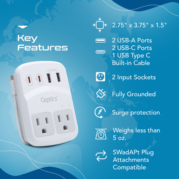 World-Way 6 Travel Adapter Kit | 2 USB-A + 2USB-C + 2 US Outlets - Grounded