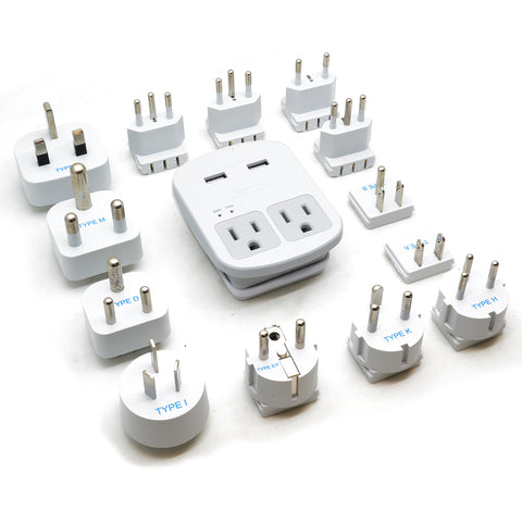 World-Way 13 Travel Adapter Kit | 2 USB + 2 US Outlets - Grounded